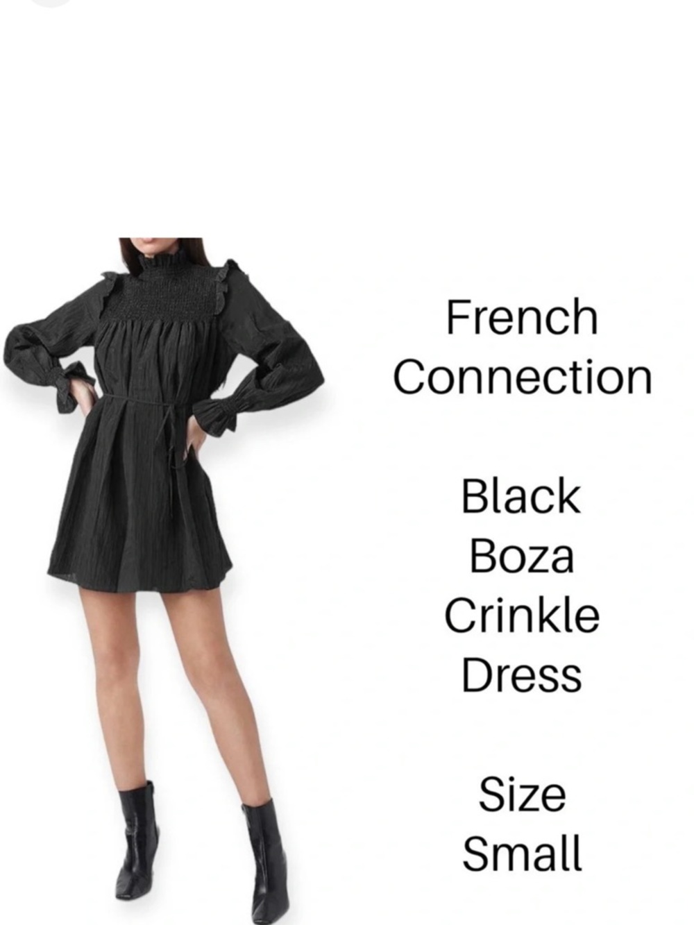 French Connection black boza crinkle dress long sleeve mock neck smocked CBK